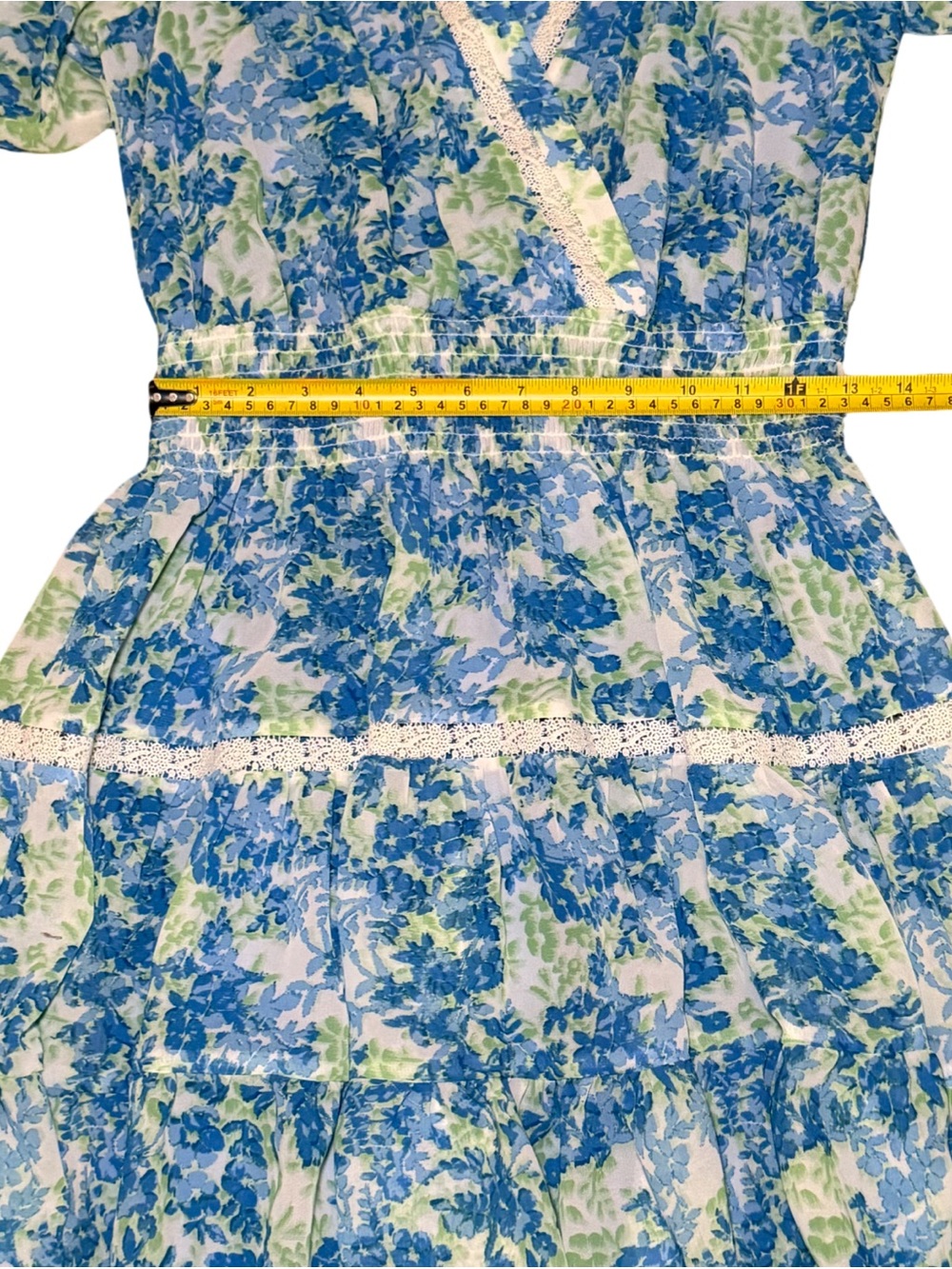 TAYLOR Vibrant Blue Floral Print Tiered Smocked Lace Trim V-Neck Babydoll Dress  - Picture 9 of 12